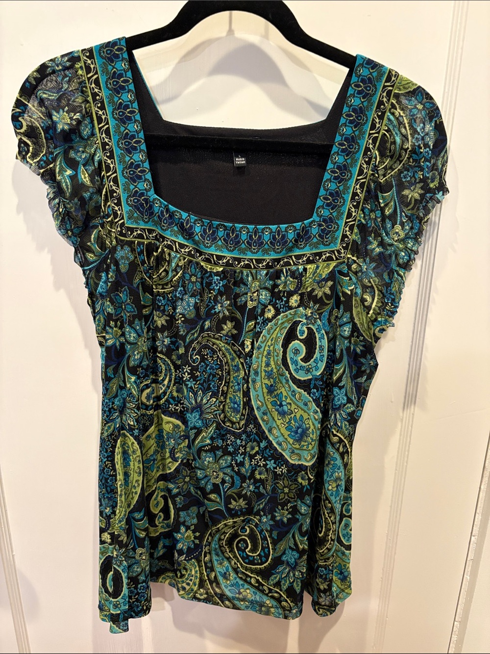 Apt. 9 Teal, Lime & Black Paisley Square-Neck Top BN534